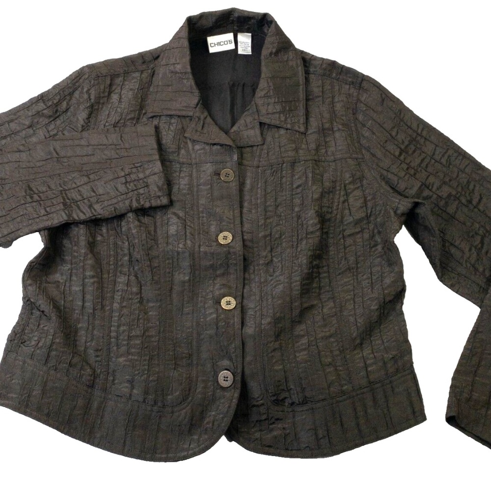 Chico's Size 2 Black Textured Crinkle Button Jacket Large
